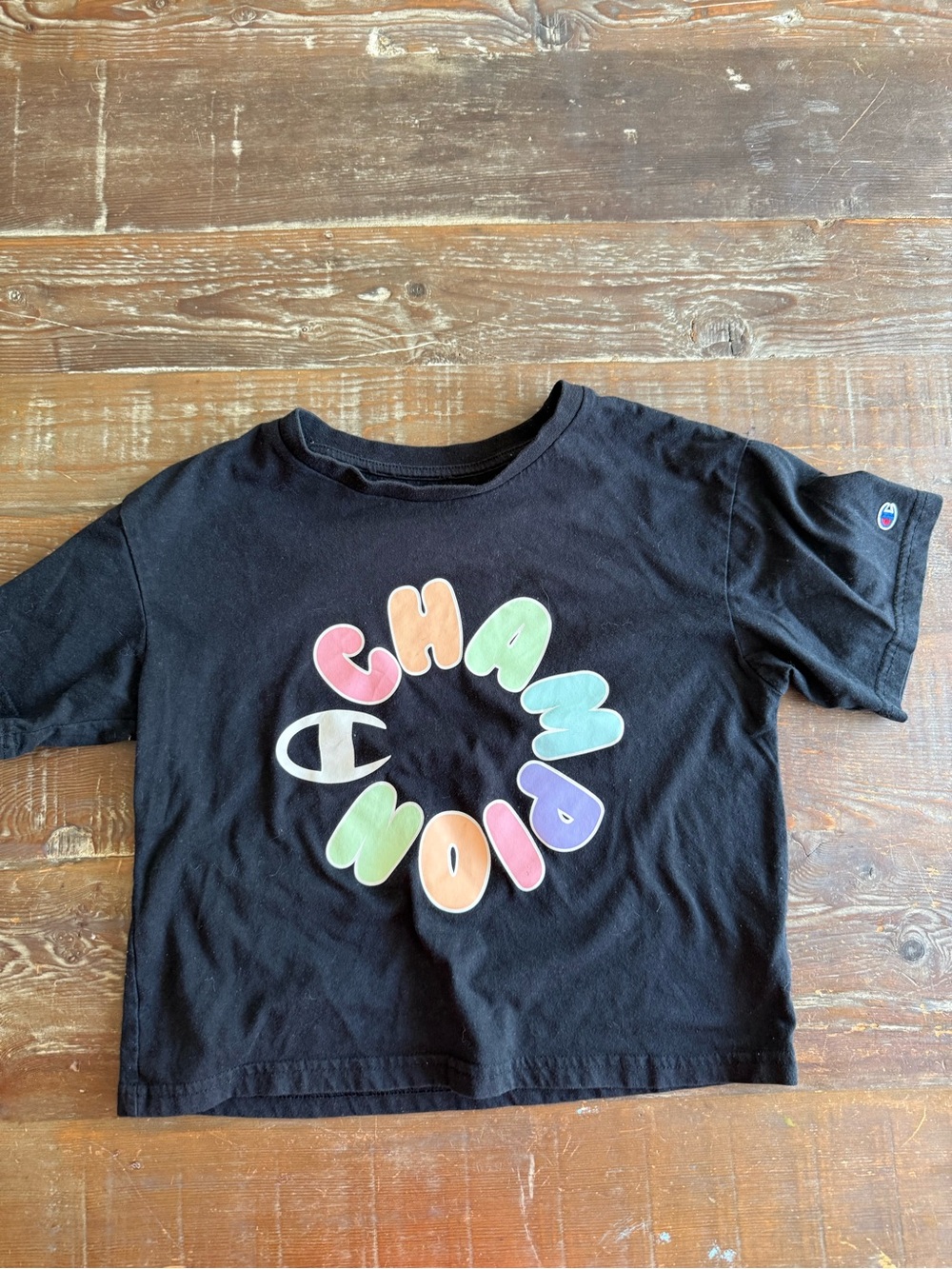 Champion Black Tee with Pastel Multicolor Puff Letters
